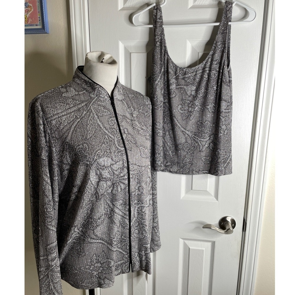 Alex Evenings Silver Metallic Floral Jacket Tank Top 2 Pc Twin Set Size 16 NWT